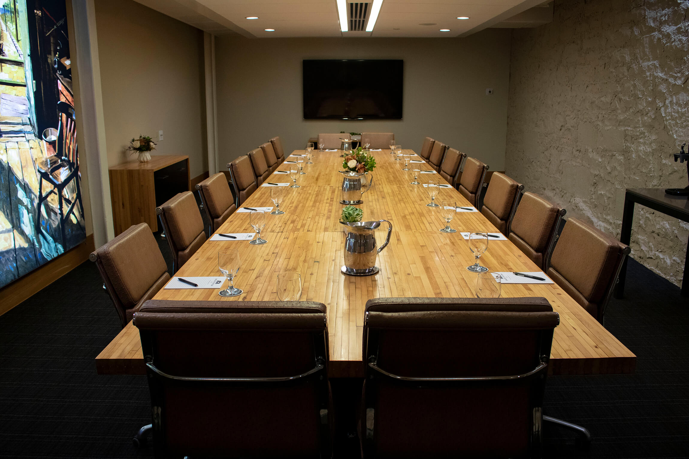 The boardroom table in the Belz Boardroom at the Crawford Hotel in Denver, Colorado.