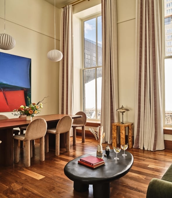 The living room area of the Crawford Suite at the Crawford Hotel in Denver, Colorado.
