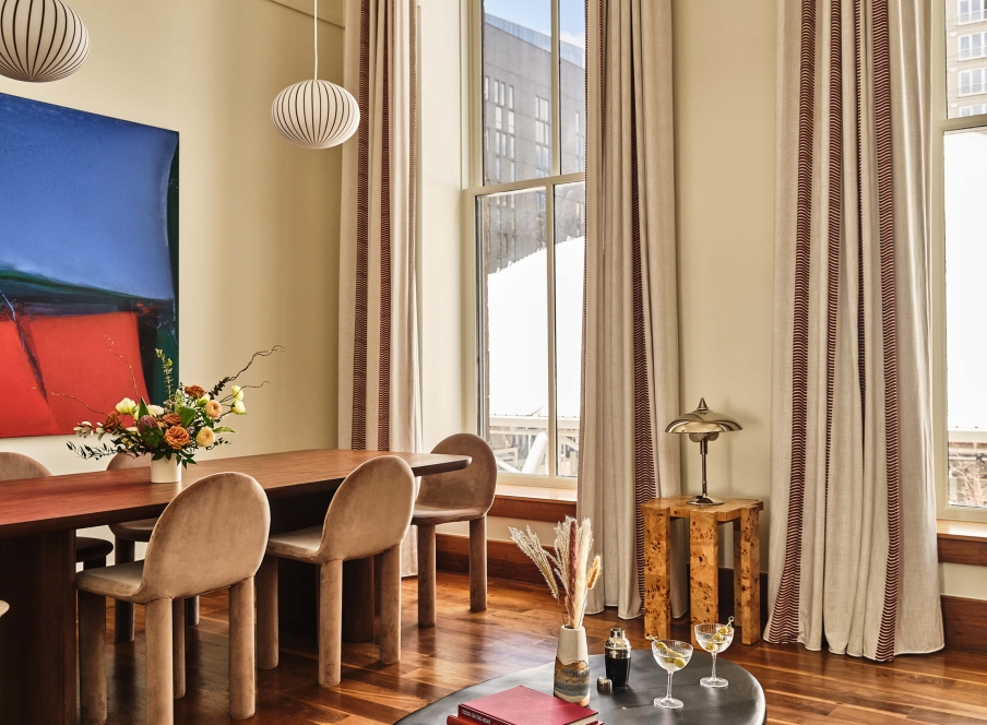 The living room area of the Crawford Suite at the Crawford Hotel in Denver, Colorado.