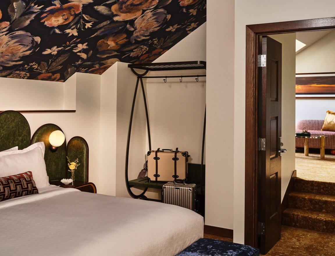 The bedroom of the LoDo Suite at the Crawford Hotel in Denver, Colorado.