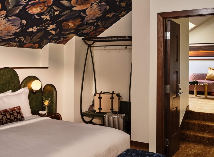 The bedroom of the LoDo Suite at the Crawford Hotel in Denver, Colorado.