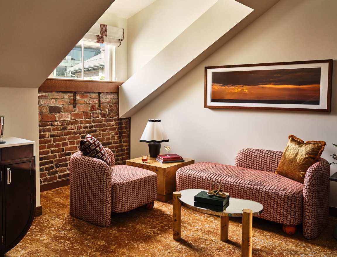 The living room of the LoDo Suite at the Crawford Hotel in Denver, Colorado.