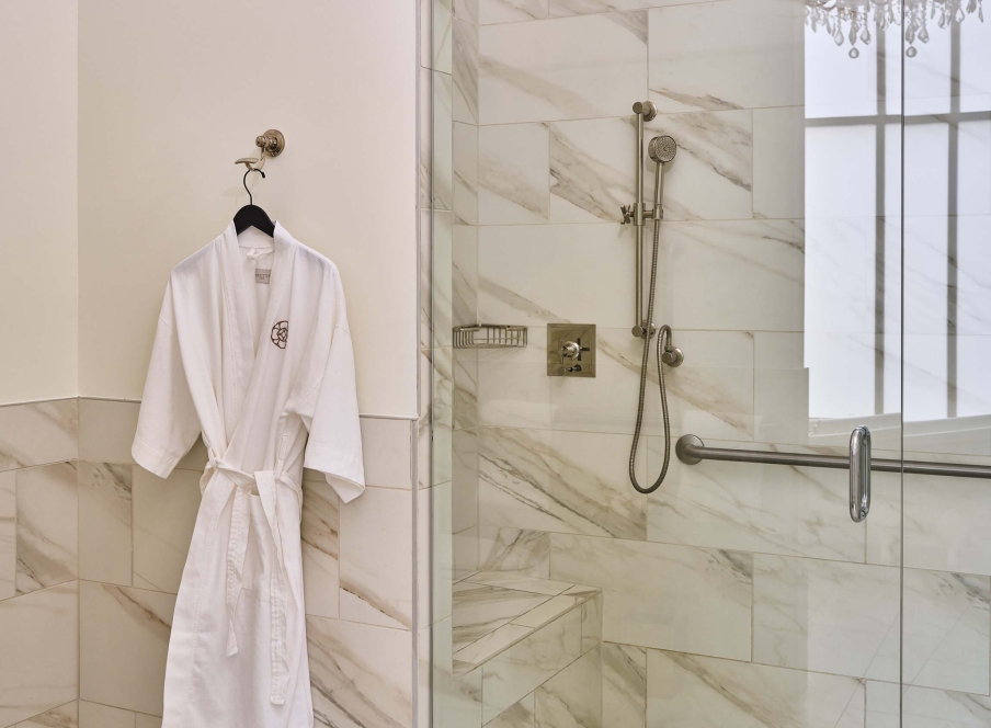 Shower in the bathroom of the Crawford Suite at the Crawford Hotel in Denver, Colorado.