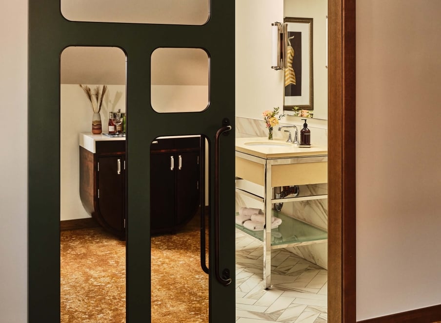 The entrance of the bathroom in the LoDo Suite at the Crawford Hotel in Denver, Colorado.