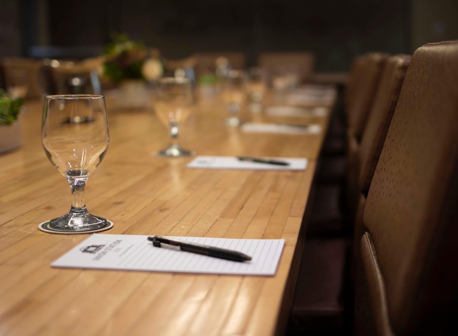 A boardroom table in the Belz Boardroom at the Crawford Hotel in Denver, Colorado.