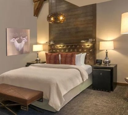 A queen bed, leather chair with tall reading lamp in a hotel room.