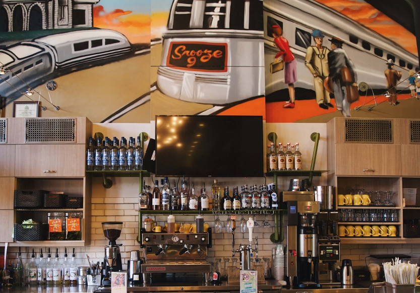 The mural above the bar at Snooze Eatery at Union Station in Denver, Colorado.