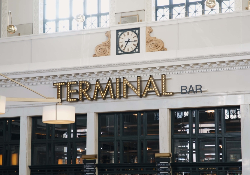 The exterior of Terminal Bar at the Crawford Hotel in Denver, Colorado.