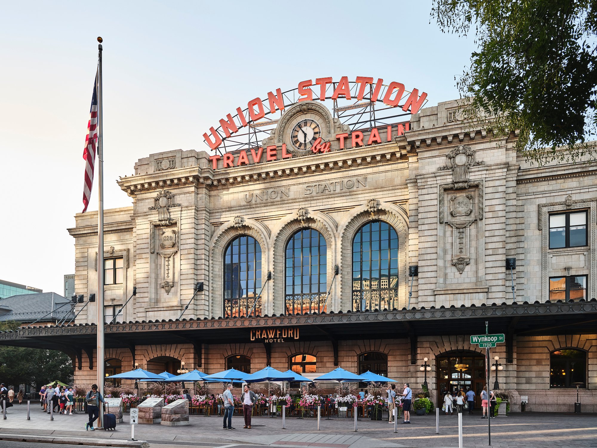 exterior view of denver union station on a nice day
