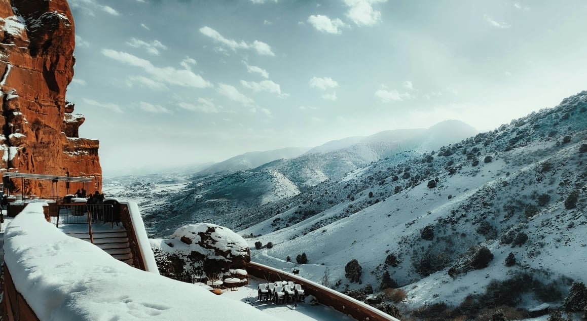 view of the denver mountains on a snowy day